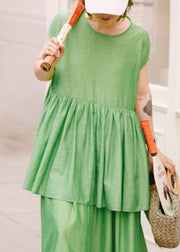 Loose Green O-Neck Wrinkled Solid Cotton Shirts Summer