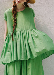 Loose Green O-Neck Wrinkled Solid Cotton Shirts Summer
