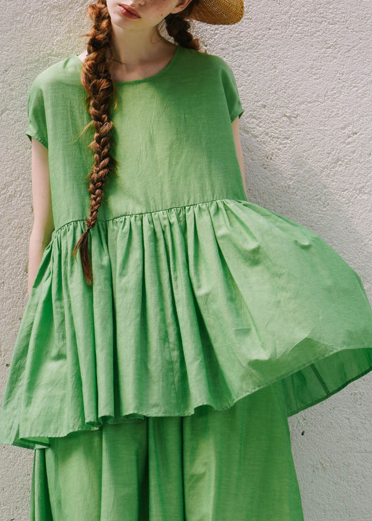 Loose Green O-Neck Wrinkled Solid Cotton Shirts Summer