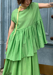 Loose Green O-Neck Wrinkled Solid Cotton Shirts Summer