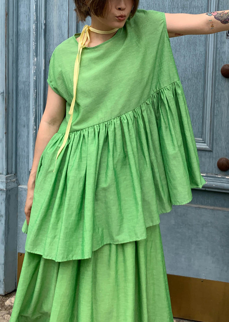 Loose Green O-Neck Wrinkled Solid Cotton Shirts Summer