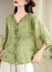 Loose Green Oriental Button Jacquard Cotton Shirt Tops Summer