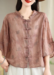 Loose Green Oriental Button Jacquard Cotton Shirt Tops Summer