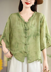 Loose Green Oriental Button Jacquard Cotton Shirt Tops Summer