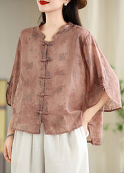 Loose Green Oriental Button Jacquard Cotton Shirt Tops Summer