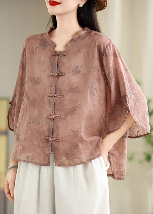 Loose Green Oriental Button Jacquard Cotton Shirt Tops Summer