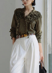 Loose Green Original Design Ruffled Cotton Blouses