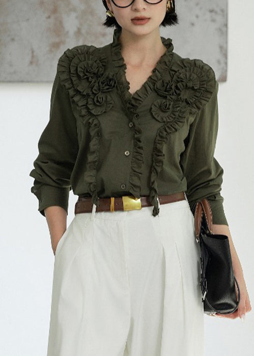Loose Green Original Design Ruffled Cotton Blouses