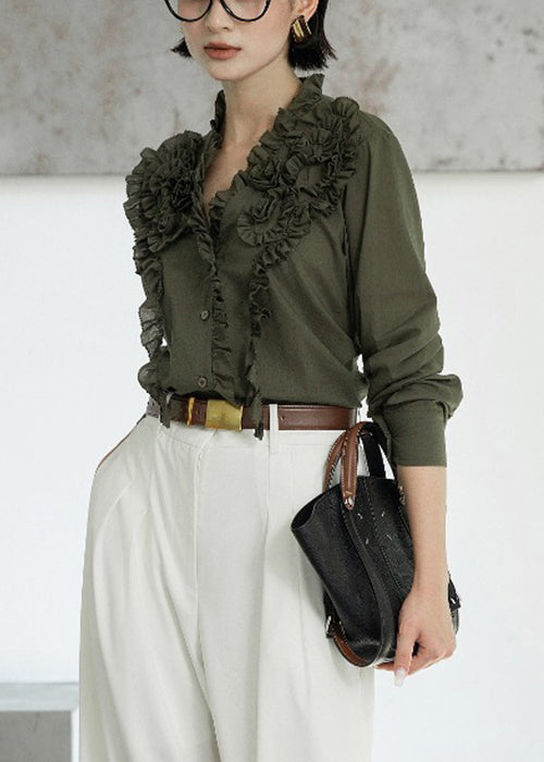 Loose Green Original Design Ruffled Cotton Blouses