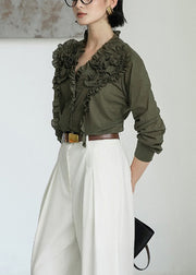 Loose Green Original Design Ruffled Cotton Blouses