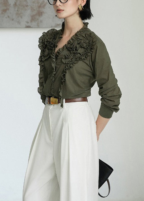 Loose Green Original Design Ruffled Cotton Blouses