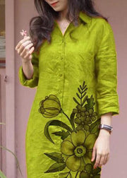 Loose Green Peter Pan Collar Print Button Long Shirts Dress Fall