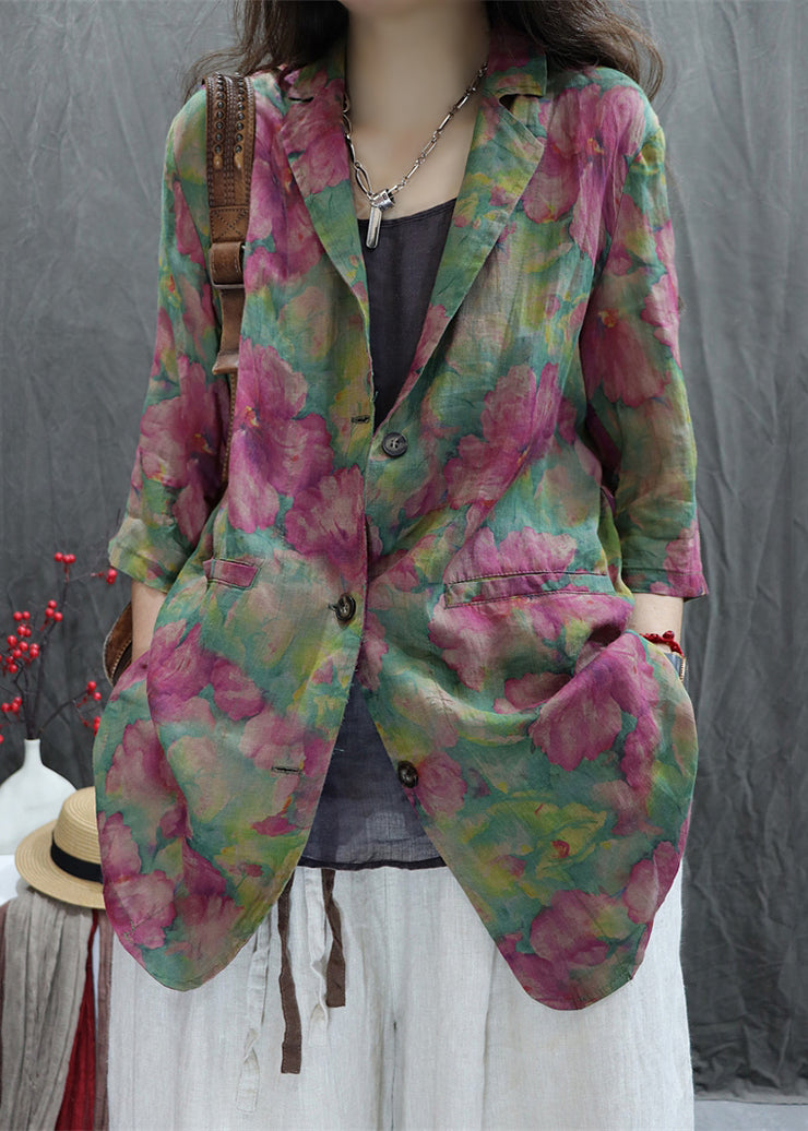 Loose Green Peter Pan Collar Print Cotton Coats Spring