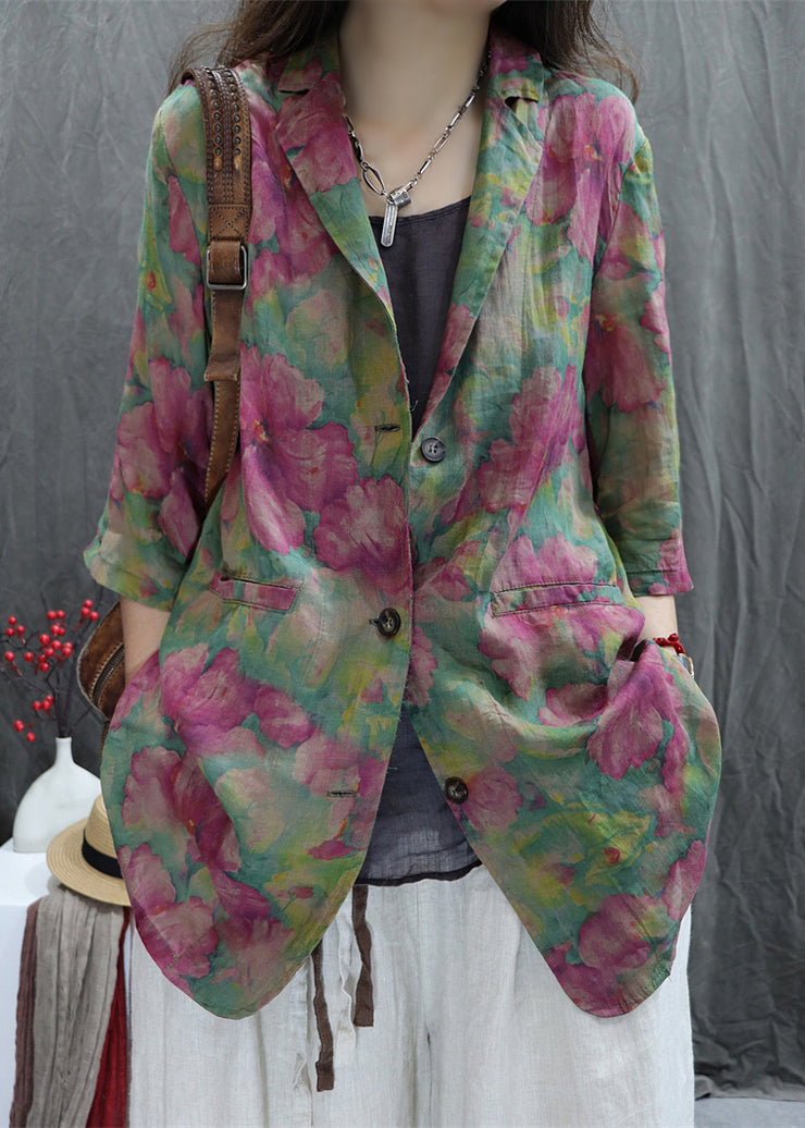 Loose Green Peter Pan Collar Print Cotton Coats Spring