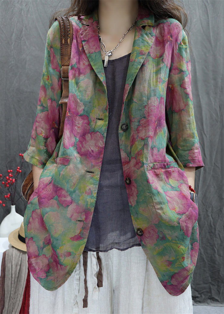 Loose Green Peter Pan Collar Print Cotton Coats Spring