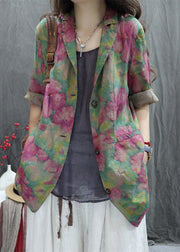 Loose Green Peter Pan Collar Print Cotton Coats Spring