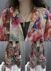 Loose Green Peter Pan Collar Print Cotton Coats Spring