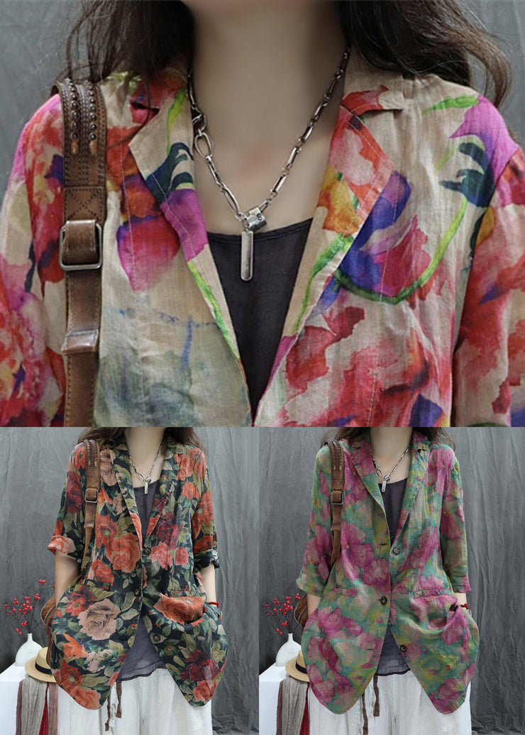 Loose Green Peter Pan Collar Print Cotton Coats Spring