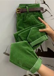 Loose Green Pockets Elastic Waist Solid Corduroy Harem Pants Fall