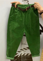 Loose Green Pockets Elastic Waist Solid Corduroy Harem Pants Fall