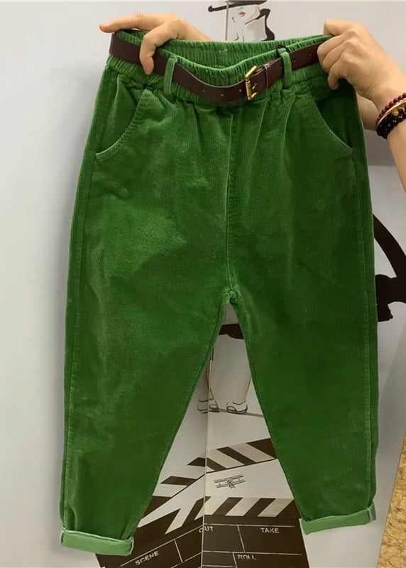 Loose Green Pockets Elastic Waist Solid Corduroy Harem Pants Fall