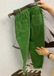 Loose Green Pockets Elastic Waist Solid Corduroy Harem Pants Fall