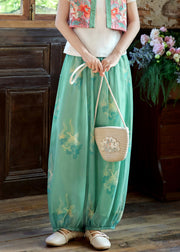 Loose Green Print Elastic Waist Chiffon Beam Pants Summer