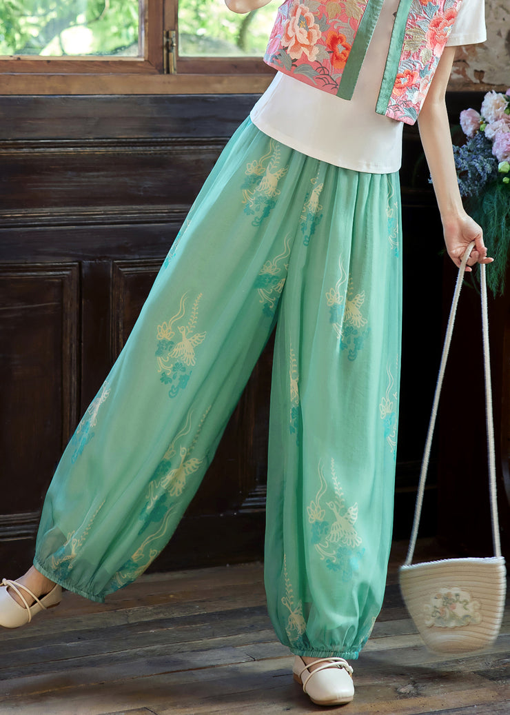 Loose Green Print Elastic Waist Chiffon Beam Pants Summer
