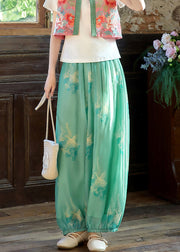 Loose Green Print Elastic Waist Chiffon Beam Pants Summer