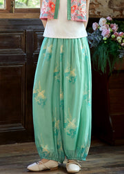 Loose Green Print Elastic Waist Chiffon Beam Pants Summer