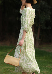 Loose Green Print Front Open Pockets Cotton Long Dress Half Sleeve