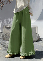 Loose Green Ruffled Elastic Waist Corduroy Wide Leg Pants Fall