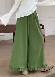Loose Green Ruffled Elastic Waist Corduroy Wide Leg Pants Fall