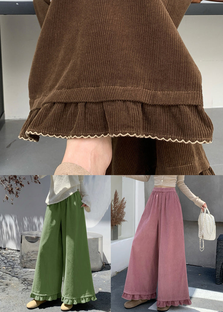 Loose Green Ruffled Elastic Waist Corduroy Wide Leg Pants Fall