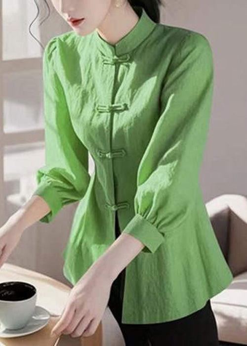 Loose Green Stand Collar Button Cotton Blouse Bracelet Sleeve
