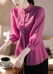 Loose Green Stand Collar Button Cotton Blouse Bracelet Sleeve