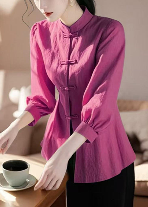Loose Green Stand Collar Button Cotton Blouse Bracelet Sleeve
