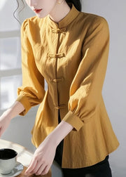 Loose Green Stand Collar Button Cotton Blouse Bracelet Sleeve