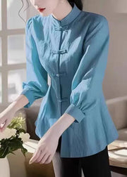 Loose Green Stand Collar Button Cotton Blouse Bracelet Sleeve