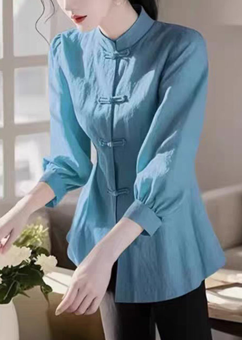 Loose Green Stand Collar Button Cotton Blouse Bracelet Sleeve