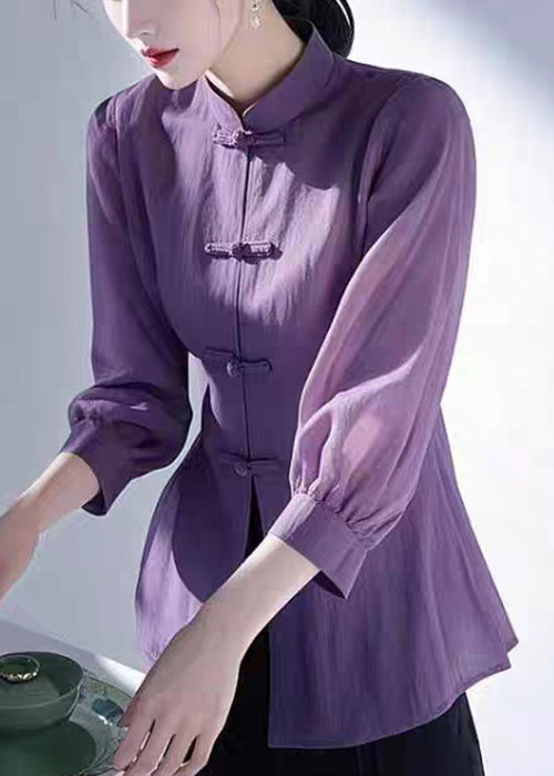 Loose Green Stand Collar Button Cotton Blouse Bracelet Sleeve