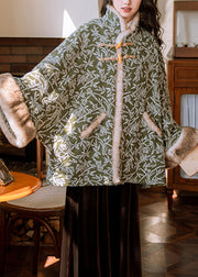 Loose Green Stand Collar Print Patchwork Warm Fleece Parkas Batwing Sleeve