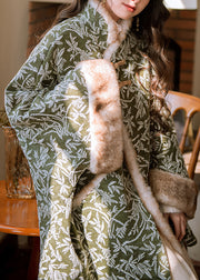 Loose Green Stand Collar Print Patchwork Warm Fleece Parkas Batwing Sleeve