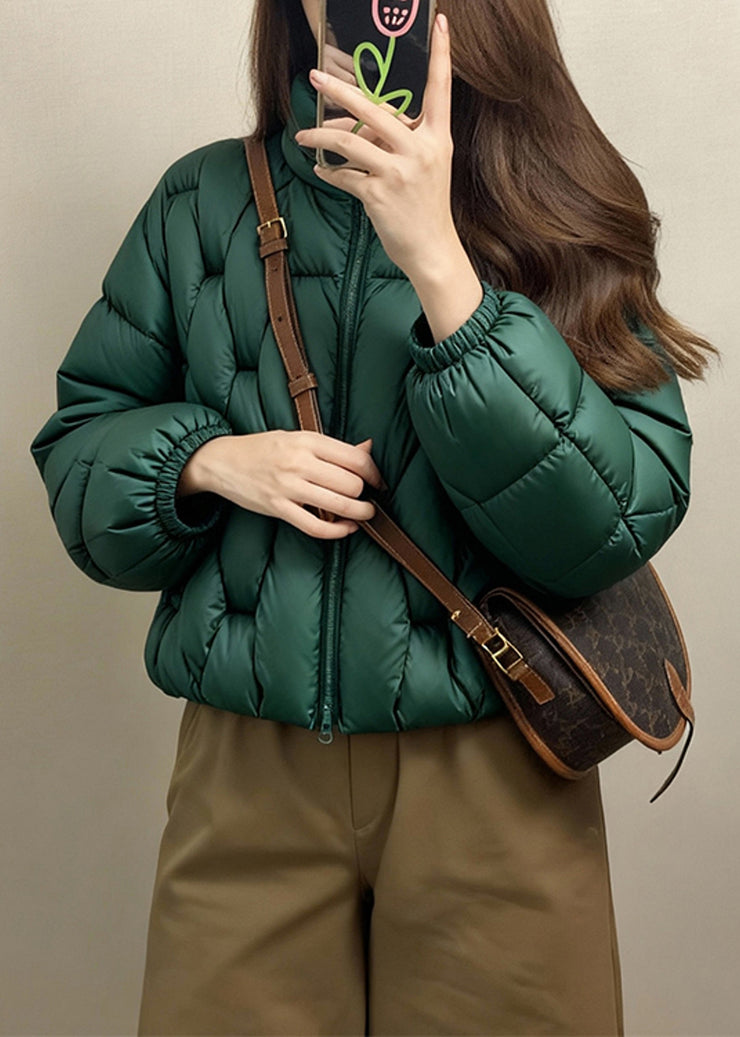 Loose Green Stand Collar Zip Up Solid Fine Cotton Filled Parkas Winter