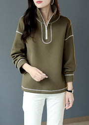 Loose Green Stand Collar Zippered Patchwork Cotton Tops Fall