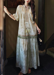 Loose Green Tasseled Silk Long Dresses Butterfly Sleeve