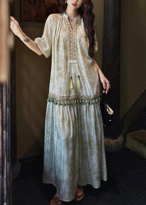Loose Green Tasseled Silk Long Dresses Butterfly Sleeve