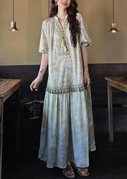 Loose Green Tasseled Silk Long Dresses Butterfly Sleeve