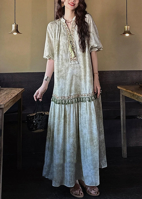 Loose Green Tasseled Silk Long Dresses Butterfly Sleeve