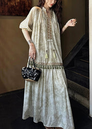 Loose Green Tasseled Silk Long Dresses Butterfly Sleeve